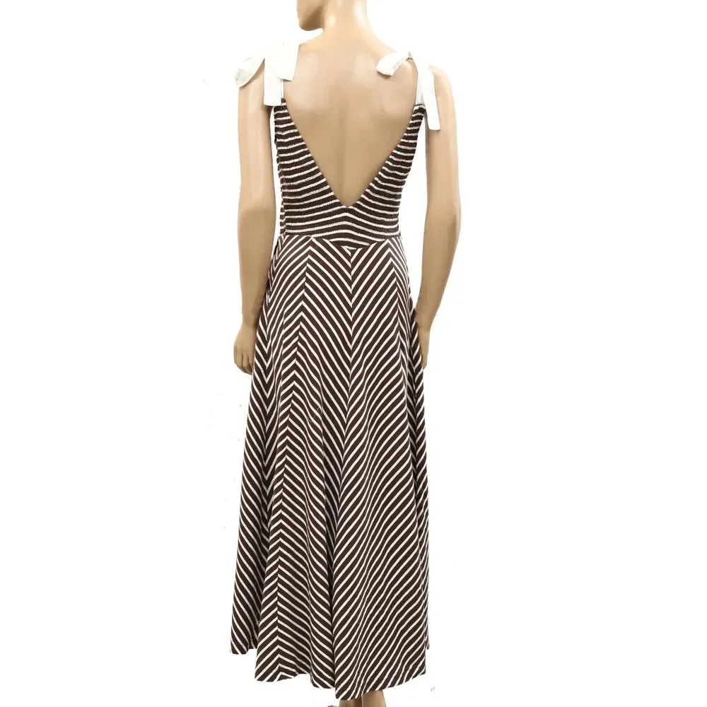 Free People Free-Est Cecelia Midi Dress Striped Printed Smocked Cotton L 286347